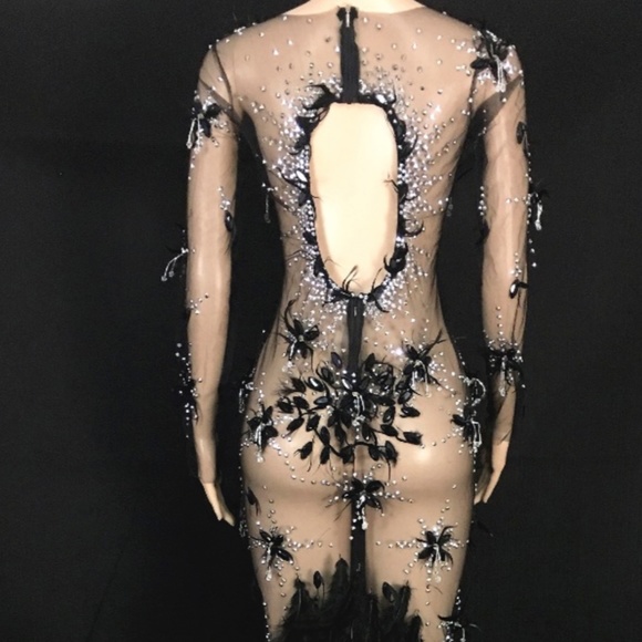 BLACK REAL FEATHER BEADED EMBELLISHED GOWN DRESS - Picture 8 of 12